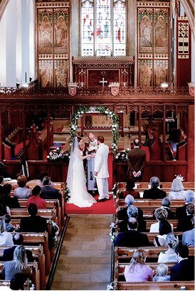 Wedding ceremony in a church, aerial view